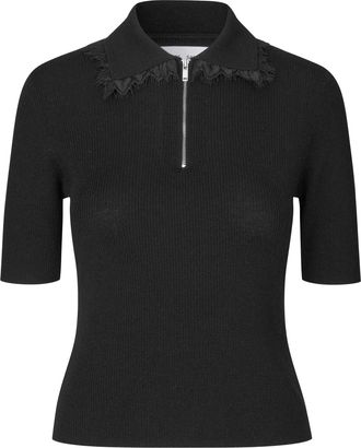 Sams&oslash;e & Sams&oslash;e Black Sanelly Ribbed Lace-Trim Polo Shirt