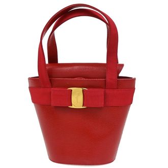 Ferragamo Vara Bow Top Handle Bucket Bag Leather Red Leather Handbag (Pre-Owned)