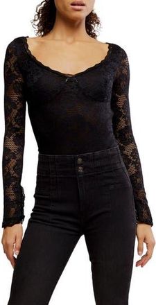 Free People Perfectly Fine Long Sleeve Lace Bodysuit in Black at Nordstrom Rack, Size X-Small