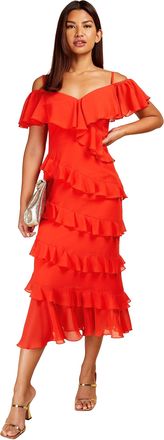 Little Mistress Tomato Red Frill Cold Shoulder Midi Dress