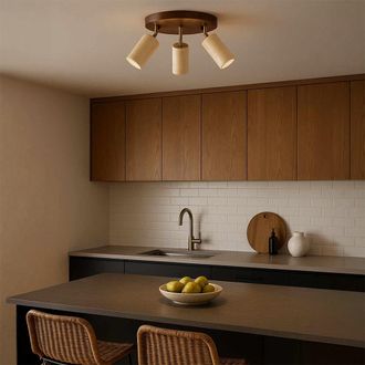 Concept Usine Luminaria redonda con 3 focos ajustables en efecto travertino y madera