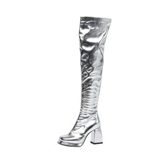 Generic Womens Metallic Shiny Over-The-Knee Boots Chunky Block Heels Platform Sole Stretch Fabric Zipper Closure Party Night Out Streetwear Fashion Statement 