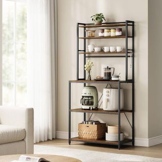 Woltu Scaffale da Cucina,Scaffale da Panetteria, Portaoggetti a 6 Ripiani con 6 Ganci, per Microonde, 80x40x167cm, Marrone Rustico+Nero - Woltu