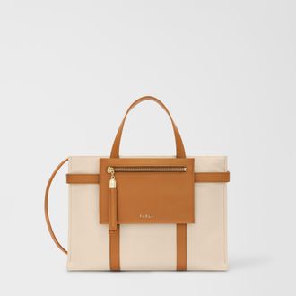 Furla Laguna Borsa Shopping M Ballerina I Beige Tessuto Canvas + Pelle Di Vitello Sidney Donna
