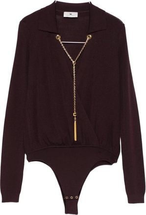 Elisabetta Franchi Body, female, Brown, Size: L Merlot Red Wrap Bodysuit Ribbed Texture