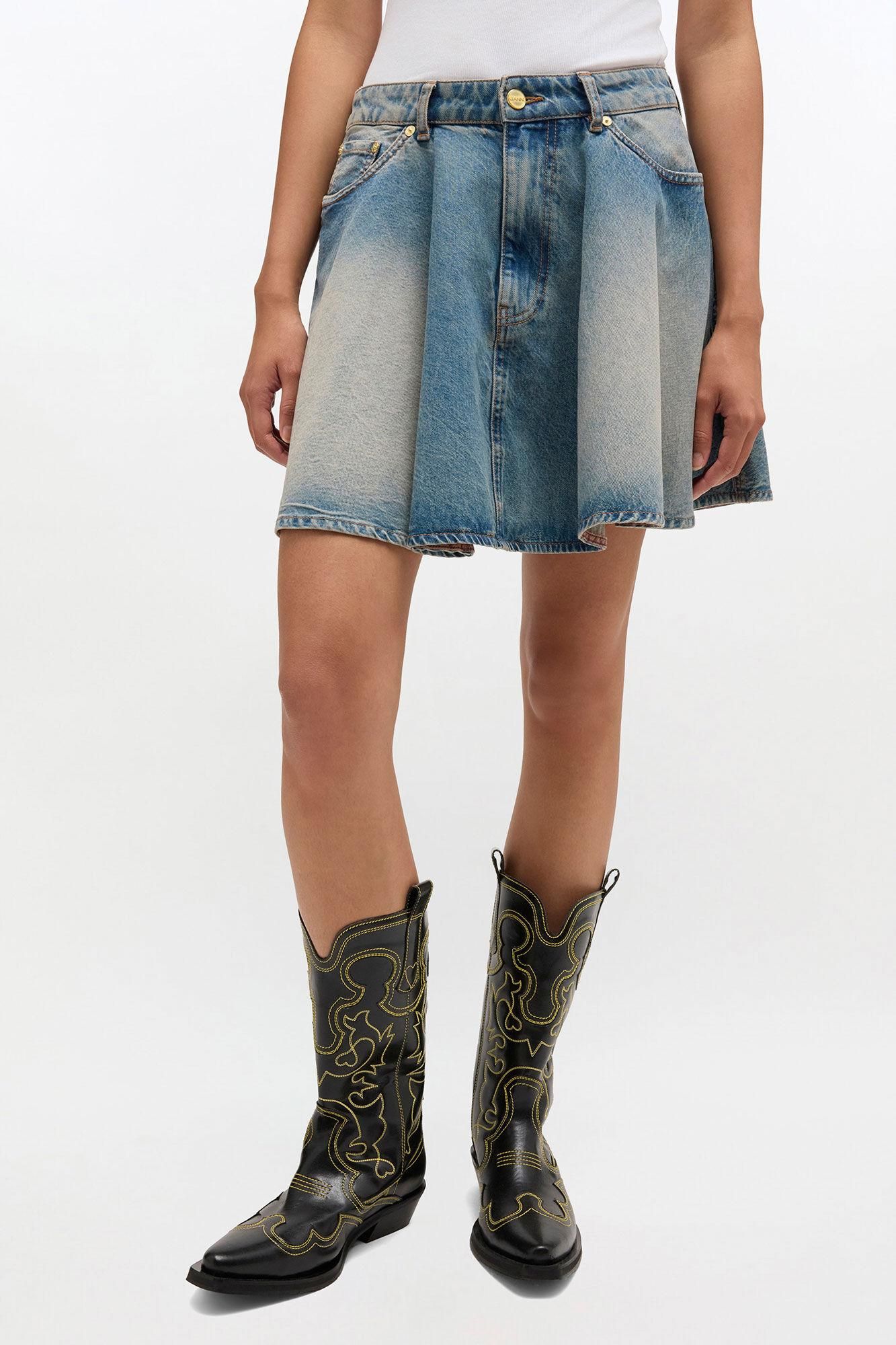 Gonna Midi In Denim A Vita Alta Donna - Modello A-Line Patchwork Con Volant, Gonna Jeans Fluida Vintage Casual - 5