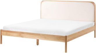 Beliani Cama Minimalista Con Somier De L&aacute;minas Y Cabecero Tapizado 160 X 200 Cm Madera De Pino Marr&oacute;n Claro Dosches