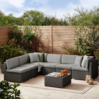 Furniturebox Orlando 6 Seat Modular Outdoor Garden Rattan Sofa in Black