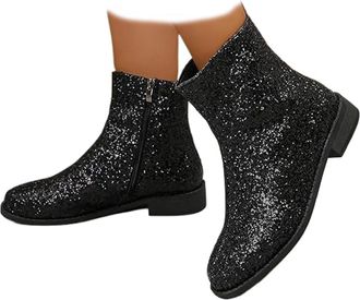 Generic Round Toe Low Chunky Heels Glitter Booties - Sparkle Ankle Boots for Women, Side Zipper Shiny Evening Boots with Chunky Block Heel (Black,7.5)