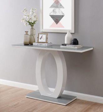 Furniturebox Giovani Rectangular White High Gloss Console Table with Glass Top & Unique Halo Structural Plinth Base Design in Grey