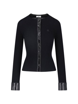 Courr&egrave;ges Black Vinyl Detail Ribbed Viscose Cardigan