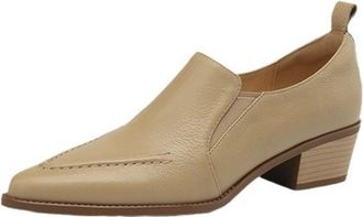 Generic Womens Low Chunky Block Heels Vintage Pointed Toe Leather Loafers Slip On PU Leather Upper Durable Non-Slip Outsole Stylish Office Daily Shoes,Beige,3