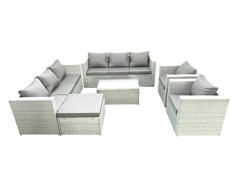 Fimous Outdoor Rattan Sofa Garden Furniture Set with 2 Armchairs Oblong Coffee Table Big Footstool Light Grey Mixed