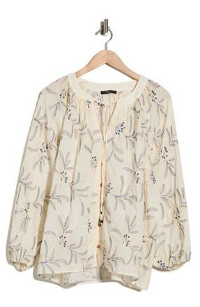 T Tahari Embroidered Long Sleeve Cotton Top in Cream/Deep Blue at Nordstrom Rack, Size 3 X