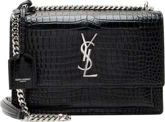 Saint Laurent Black Croc-Embossed Leather Monogram Sunset Medium Shoulder Bag (Authentic Pre-Loved)