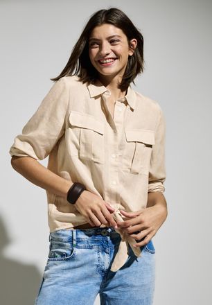 Cecil Langarmbluse CECIL, Damen, Gr. XXL (46), beige (pumice beige), Web, Obermaterial: 55% Leinen, 45% Viskose, unifarben, bequem h&uuml;ftbedeckend, Rundhals, 