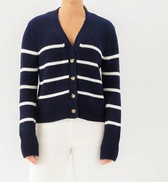 Karen Kane Stripe Sweater Cardigan In Navy With Off White
