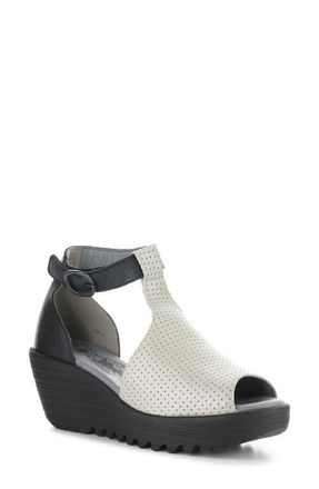 FLY London Lemo Ankle Strap Platform Wedge Sandal in Silver/Black at Nordstrom, Size 10-10.5Us