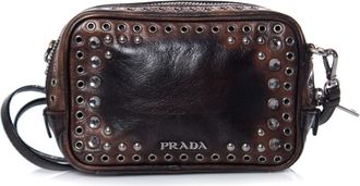 Prada Womens, Vitello vintage embellished camera messenger bag. - Brown Leather - One Size