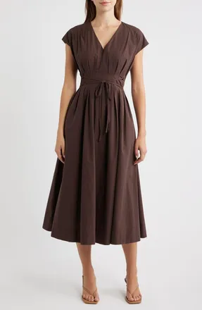 Moon River Pleated V-Neck Midi Dress in Dark Brown at Nordstrom, Size X-Large
