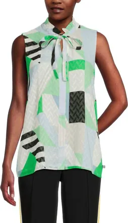Karl Lagerfeld Textured Geometric Pattern Technical Tie-Neck Sleeveless Blouse In Soft White Multi