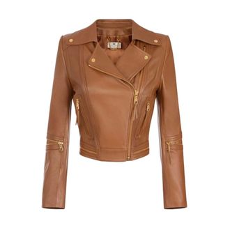 Elisabetta Franchi Biker Jacket con Zip Dorate - - Jackets - Donna - Marrone - S