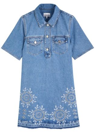 Ganni Broderie Anglaise Denim Mini Dress - 40 (UK12 / M)