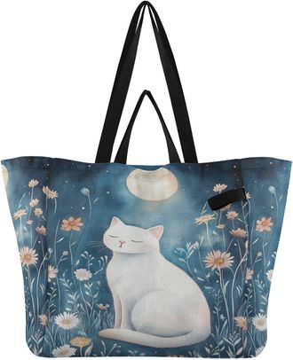 Generic Cat Flowers Blue pattern Reusable Canvas Tote Bag, Heavy Duty Grocery Shopping Bag with Hard Bottom Large Capacity Double Handles Work Groceries Trave
