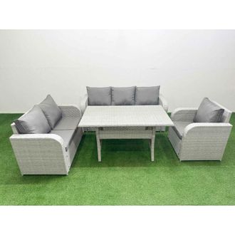 Fimous Patio pe Wicker 6 Seater Outdoor Rattan Furniture Sofa Sets with Rectangular Dining Table Reclining Chair Loveseat Sofa 3 Seater Sofa 2 Side Table