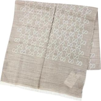 Gucci Pre-owned Stall GG Jacquard Mini Fringe Wool Silk Shawl - Dames - Vintage Accessoires - Beige - ONE Size - Wol - Vintage