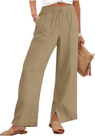 Generic Linen Trousers Womens Straight Leg Trousers Elasticated Waist Drawstring Cotton Palazzo Pants Ladies Casual Pants with Pockets Womens Fashion (Khaki,L