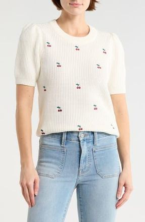 Lucky Brand Cherry Embroidered Short Sleeve Sweater in Bright White at Nordstrom Rack, Size X-Small