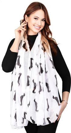 World of Shawls Dachshund Dogs Print Scarf - All Seasons Scarf - Large Size - Small Mini Sausage Dog (White)