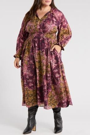 Chelsea28 Long Sleeve Smocked Bodice Midi Dress in Purple- Yellow Paisley Patch at Nordstrom Rack, Size 2X