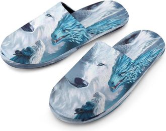 Generic Wolf And Dragon Mens Cotton Slippers Memory Foam Comfort House Shoes Winter Indoor Slipper for Hotel Casa Spa