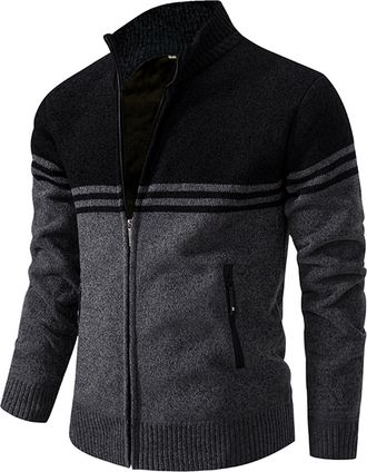 Generic Mens Full Zip Cardigan Sweater Print Stand Collar Fleece Lined Coat Full Zip Long Sleeve Knitwear Classic Knitted Autumn and Winter Lapel Sweater Over
