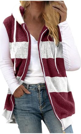 Generic Womens Fleece Gilet with Hooded Sherpa Fluffy Vest Sleveless Jacket Plus Size Zip Up Longline Teddy Fleece Waistcoat Solid Color Ladies Autumn Winter 