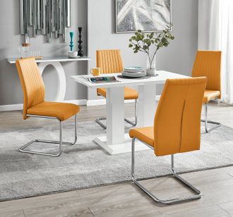 Furniturebox Imperia 4 Seater Modern White High Gloss Rectangular Dining Table & 4 Lorenzo Faux Leather Chairs in Mustard