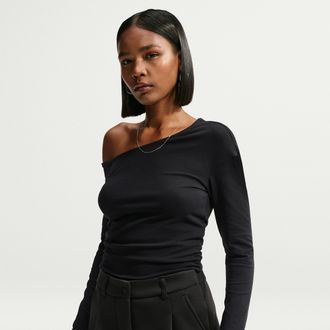 Nike Womens Nike Sportswear Tight Off-Shoulder Long-Sleeve Top in Black | IX7065-010