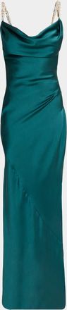 Balmain Cowl-Neck Embroidered Strap Silk Column Gown