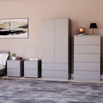 Home Discount Home Discount - 4 Piece Denver Bedroom Set, 2 Drawer Large Bedside Chest x2, 5 Drawer Chest, 2 Door 2 Drawer Wardrobe, Grey