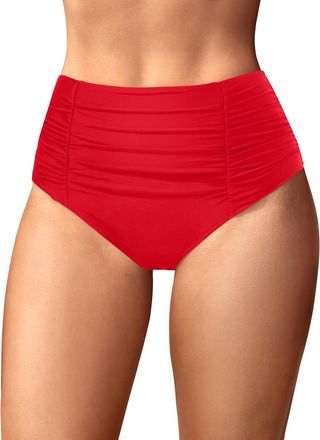 Holipick Bathing Suit Bottoms for Women - High Waisted Bikini Bottoms Ruched Tummy Control Swimsuit Bottom, Red, Large