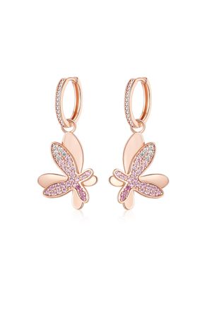 Classicharms Rose Gold Gradient Pink Pav&eacute; Diamond Butterfly Dangle Drop Hoop Earrings