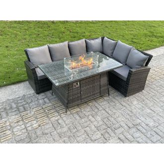 Fimous High Back Outdoor Rattan Corner Sofa Set Garden Furniture Set Gas Fire Pit Dining Table Gas Heater 6 Seater - Fimous