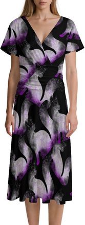 Generic Asexual Space Cat Womens Midi Dress Short Sleeve Casual Dresses V Neck L