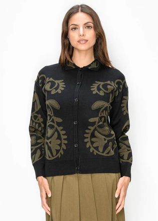 YAL New York Olive and Black Collared Knit Cardigan