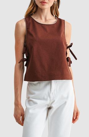 All in Favor Side Tie Cotton & Linen Shell in Chocolate Oatmeal at Nordstrom, Size X-Large