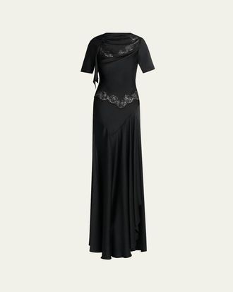 Alexander McQueen Lace-Inset Draped Satin Evening Dress