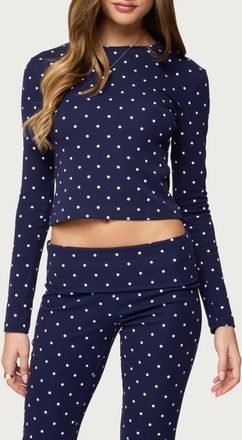 Edikted Daliya Polka Dot Crop Stretch Cotton T-Shirt in Navy at Nordstrom, Size X-Small