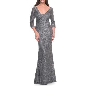 La Femme Fitted Beaded Lace Evening Gown with Ruching in Gunmetal at Nordstrom, Size 16